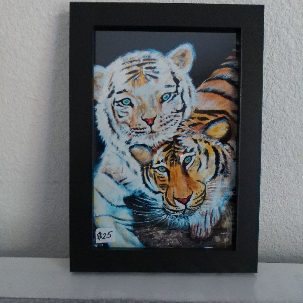 A couple of Tiger 4"x6" within a black wood Frame, lovely, colorful